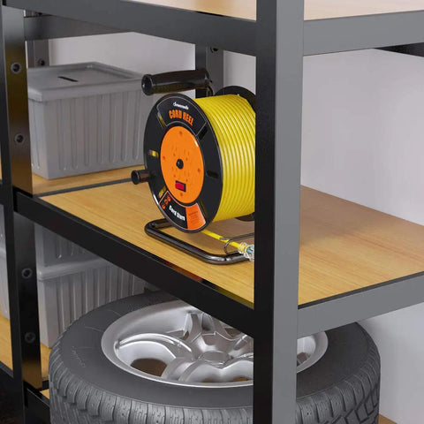 Extension Cord Storage Reel With 4 Grounded Outlets, Heavy Duty Open Cord Reel placed on shelf in garage setting.