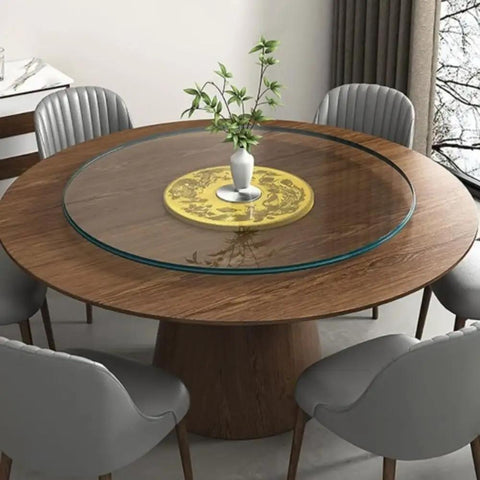 40 Inch Round Glass Lazy Susan Turntable For Tabletop And Kitchen Counter Heavy Duty Rotating Tray with vase on wooden table