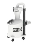 High Speed Cyclone Dust Separator For Shop Vacuums And Woodworking Dust Collectors Keeps Filters Clean By Pre Separating Over 99 Percent Of Debris In A Parabolic One Piece Design for garage workshops and hobbyist woodworking, white and black design on casters