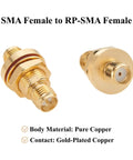 Close-up of Female To Female Bulkhead Panel Mount RF Coaxial Adapter 50 Ohm Low Loss Connector with gold-plated copper, IP67 waterproof.