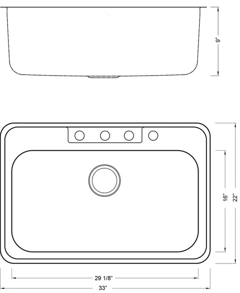 Technical drawing of 33 By 22 By 9 Inch Top Mount Drop In Stainless Steel Single Bowl Kitchen Sink With Strainer And Dish Rack 18 Gauge T304 Steel