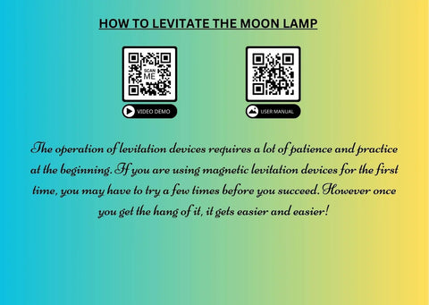 Instruction guide with QR codes for Levitating Moon Lamp With Hovering Glow, Rotates In Air, LED Table Night Light setup.