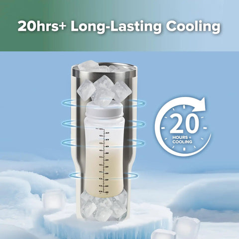 Double Wall Portable Breastmilk Cooler With Thirty Oz Capacity Keeps Fresh Nursing Storage Ice Cold For Twenty Hours Straight, showing milk bottle inside ice.