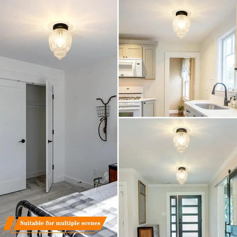 Vintage Semi Flush Mount Ceiling Light In Matte Black With Clear Glass Globe, Rustic Farmhouse Style Hallway Fixture For Porch, Corridor, Bedroom Or Living Area, Modern Yet Classic Globe Ceiling Light