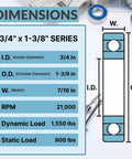 Two-pack PGN flanged ball bearings, chrome steel, 3/4 in x 1-3/8 in; infographic with dimensions and load ratings