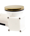 Top Shelf Smooth Operation Heavy Duty Cable Drive Bathtub Drain Trim Kit with shiny gold pop up stopper and white pipe.