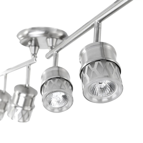 Close-up of Kearney 6-Light Foldable Track Lighting in Brushed Nickel with White Glass Shades and adjustable heads.