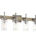 Winslow 28 Inch 4 Light Farmhouse Vanity Light With Seeded Glass Cylinder Shades Bleached Oak Finish And Galvanized Steel Accents