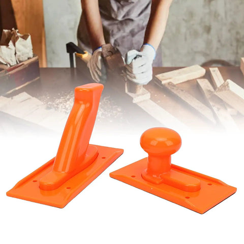 Two orange ABS push blocks for woodworking, showing non-slip grip handles, suitable for table saws in busy woodshops.