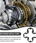 Close-up of installed 120 Pcs E Clips Assortment Set Heat Treated External Retaining Clips Manganese Steel Snap Rings on gears