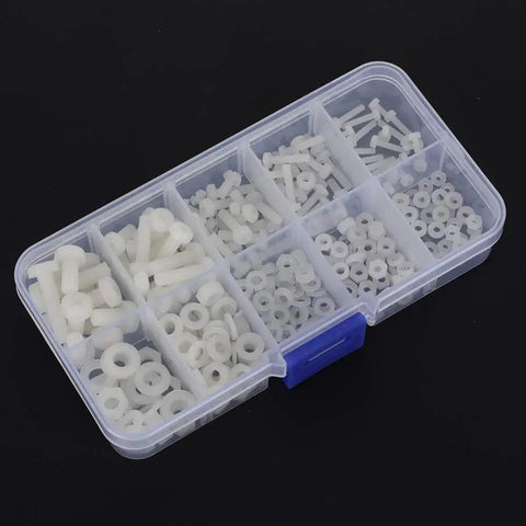 Kickass White Nylon Screws Assortment Kit For Tough Diy And Garage Repairs Featuring Heavy Duty Fasteners In Sleek Portable Storage Box With 270 Pieces, organized in a clear storage box.