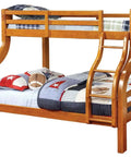 Twin Over Full Bunk Bed With Upper Rails Angled Ladder And Bold Curved Wood Design In Oak Finish Ideal For Kids Rooms And Sleepovers
