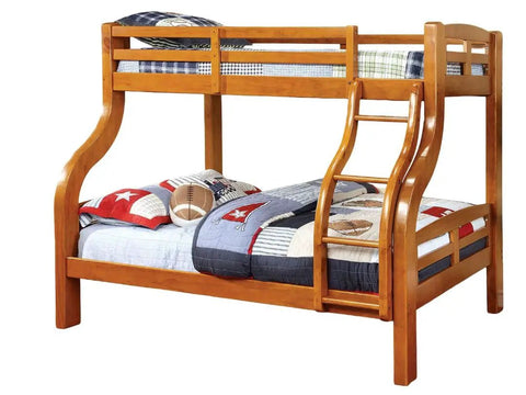 Twin Over Full Bunk Bed With Upper Rails Angled Ladder And Bold Curved Wood Design In Oak Finish Ideal For Kids Rooms And Sleepovers