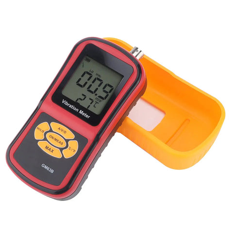 Real Deal Digital Vibration Meter With Dead Accurate Piezoelectric Sensor Handheld Portable Industrial Vibrometer Analyzer displaying readings.