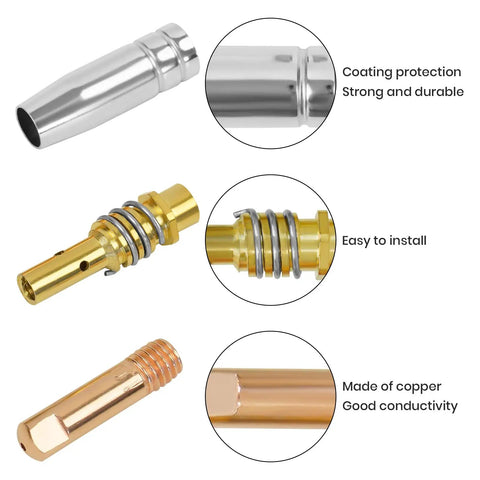 Components of 14AK MIG Welding Gun Kit With 20 Tips 0.039 Inch 1.0mm Contact Tips Nickel Plated Nozzles For Minimal Spatter And Long Lasting Copper