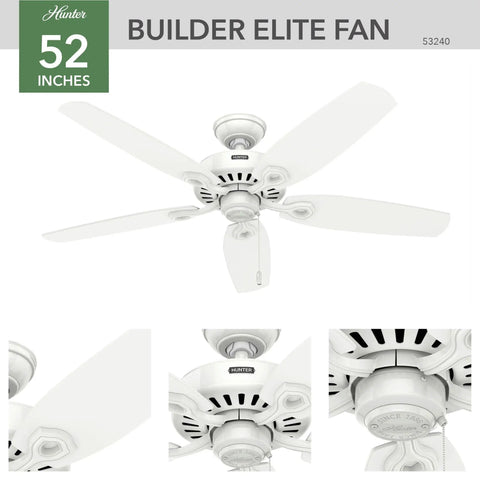 52 Inch Indoor Ceiling Fan No Light With Pull Chain White 5 Blades Standard Mount For Bedroom Living Room Or Kitchen Whisper Quiet Efficient Builder Elite 53240 Snow White