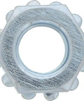 Heavy Duty Zinc Plated Steel Keps Lock Nuts With Captive Toothed Flange Number 10-32 Fine Thread Self Gripping Hardware, top view.