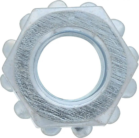 Heavy Duty Zinc Plated Steel Keps Lock Nuts With Captive Toothed Flange Number 10-32 Fine Thread Self Gripping Hardware, top view.