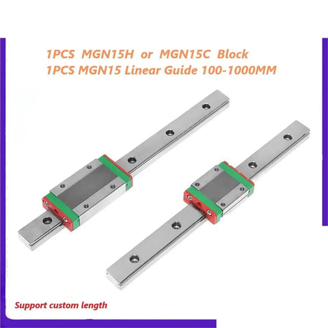 Premium MGN15H Linear Rail Guide Slide Block For Smooth CNC Router 3D Printer Motion System 100 To 1000mm Lengths with silver finish.