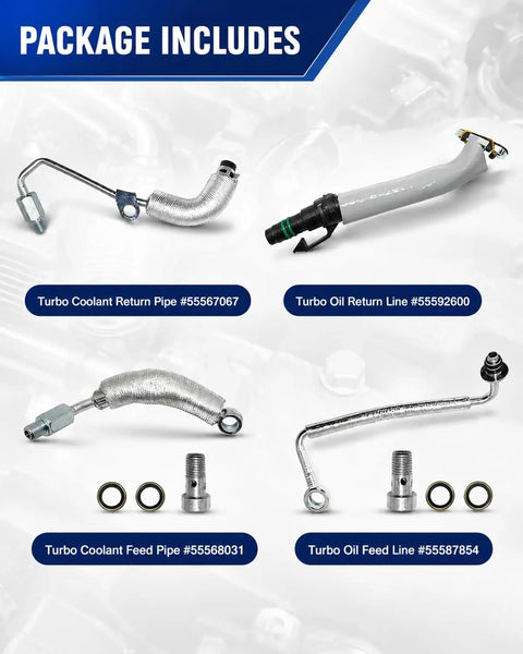 Turbo Oil Line Kit For GM 1.4L Turbo Engines Plug And Play Compatible with package contents view.