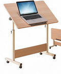 Rolling Laptop Standing Desk With Adjustable Tilting Tabletop And Smooth Locking Casters Lightweight Foldable Computer Workstation showing laptop on tilted wood surface.
