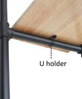 Industrial 37 Inch Ceiling Mount Shelf Kit in Black with U Shape brackets and wooden planks, close-up of U holder.