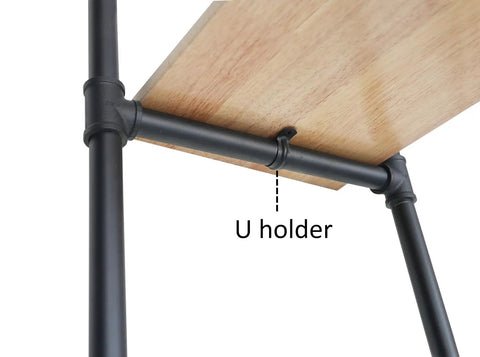 Industrial 37 Inch Ceiling Mount Shelf Kit in Black with U Shape brackets and wooden planks, close-up of U holder.