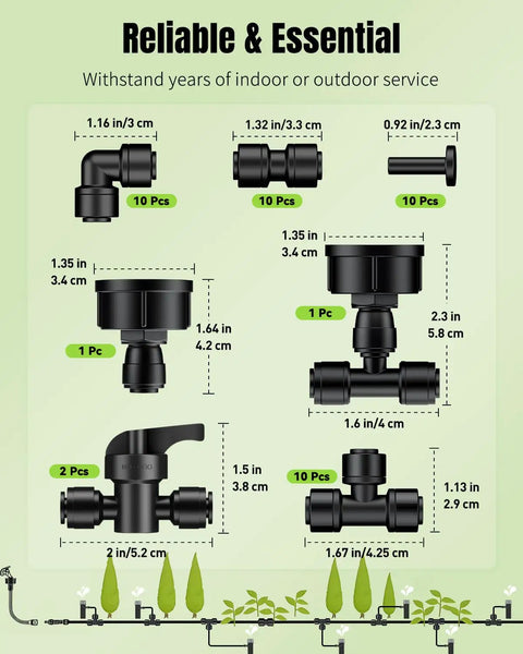 44 Piece Quick Connect Drip Irrigation Fittings Kit For One Quarter Inch Tubing With Push To Fit Connectors, various components shown