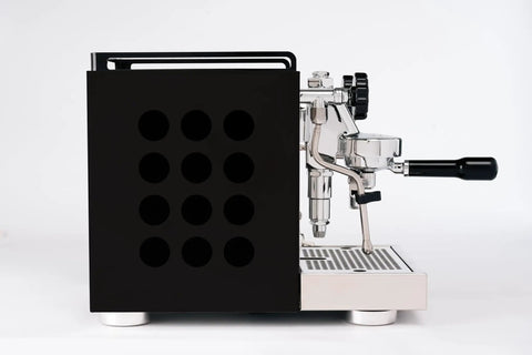 Side view of Appartamento 2.0 Espresso Machine With Heat Exchanger, 1.8L, black finish, compact home barista ready.