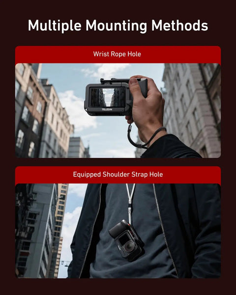 Metal Street Grip Kit For DJI Action 5 Pro 4 3 with wrist strap and shoulder strap mounting methods in urban setting.