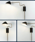 Set Of 2 Black Plug In Wall Sconces With Swing Arm And Rotatable Shade That Lets You Aim The Light, shown in different angles.