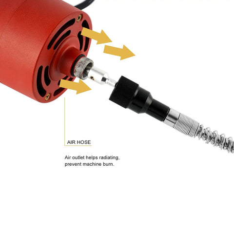 Air hose connection on Flex Shaft Grinder Rotary Tool Kit 560W With 500-23000 RPM, showing air outlet for machine cooling