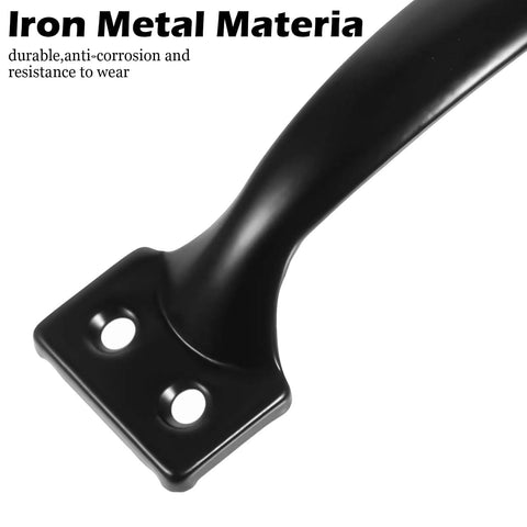 Close-up of a black iron handle from Six-Piece 5 Inch Rustic Gate Handle Set - Built Tough Heavy-Duty Iron Door Pulls With Screws