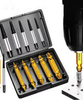 12 Piece Damaged Screw Extractor Set For Stripped Screws And Bolts, Easy Removal Of Rusty And Broken Hardware, High Speed Steel Drill Bit Tools With Gold Finish, Perfect Gift For Men Who Love DIY Projects displayed in a case and drill in use