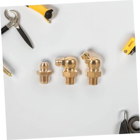9 Piece Copper Threaded Grease Fittings Kit With Straight And Angled Nipples For Cars And Excavators on white surface