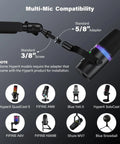 Heavy Duty Low Profile Microphone Boom Arm Stand For Gaming And Streaming With Solid Aluminum Build shown with compatible mic adapters.