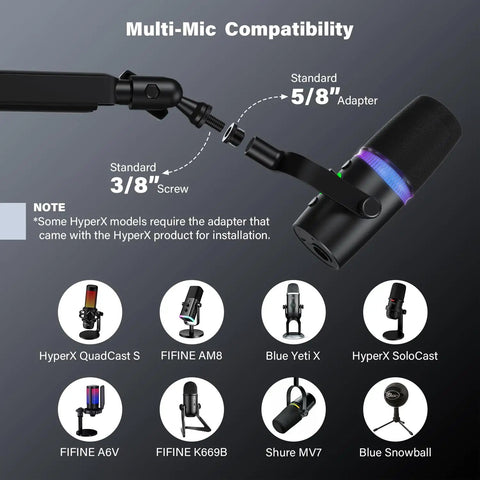 Heavy Duty Low Profile Microphone Boom Arm Stand For Gaming And Streaming With Solid Aluminum Build shown with compatible mic adapters.