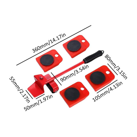 Heavy Duty Furniture Lifter With Non Slip Pads And Four Smooth Rollers For Effortless Moving Plus Ergonomic Design and durable steel build set with measurements.
