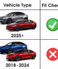Vehicle compatibility chart for Premium Carbon Fiber Charge Port Wrap For Tesla Model 3 And Model Y featuring fit checks for 2025+ and 2018-2024.