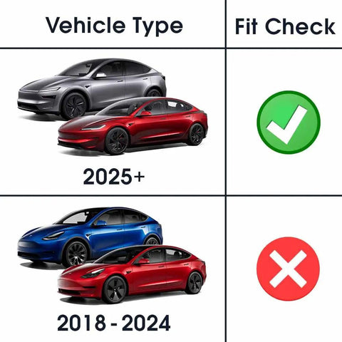 Vehicle compatibility chart for Premium Carbon Fiber Charge Port Wrap For Tesla Model 3 And Model Y featuring fit checks for 2025+ and 2018-2024.