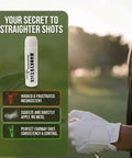 Golfer holding club with Anti Slice Golf Gel For Drivers, Woods, Hybrids And Irons Stop Slice And Hook. Pocket applicator shown.