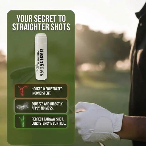 Golfer holding club with Anti Slice Golf Gel For Drivers, Woods, Hybrids And Irons Stop Slice And Hook. Pocket applicator shown.