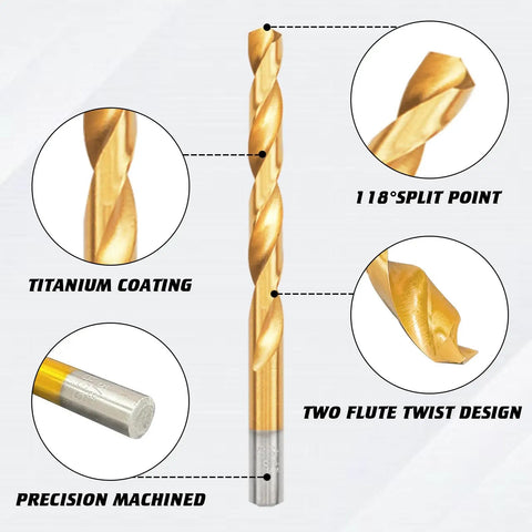 Close-up of a titanium coated drill bit from the Titanium Coated Drill Bit Set 99-Piece High Speed Steel Twist Bit Kit With Storage Case Ideal For DIYers And Pros For Aluminum Copper Soft Alloy Steel Wood And Plastic 135 Degree Point From One Sixteenth Inch To Three Eighths Inch.