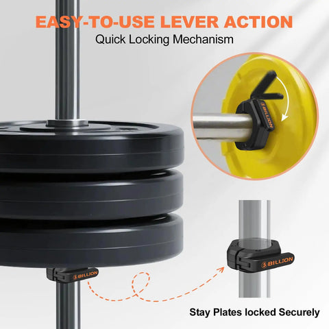 Beefed Up 2 Inch Barbell Clamps Pair With Anti Slip TPR Lining For Quick Release And Rock Solid Secure Weightlifting At Home Or Gym, Durable Nylon And Glass Fiber Construction, Black in use on loaded barbell