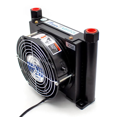 Side view of Beefy Flow 10 Liters Per Minute Oil Cooler And Hydraulic Air Cooling System with aluminum alloy heat exchanger