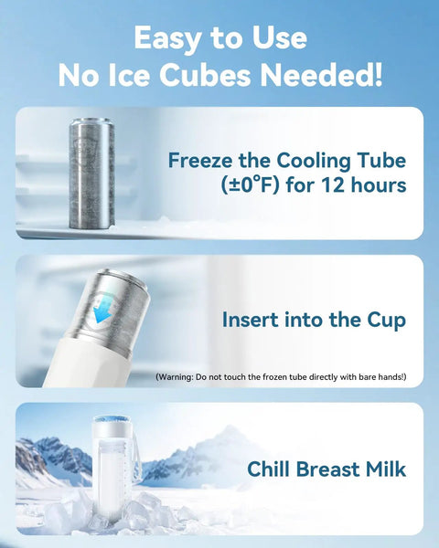 No Mess Hassle On The Fly Breast Milk Cooler Stays Ice Cold For Twenty Four Hours Vacuum Sealed Cooling tube in freezer.