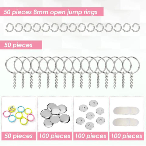 50 Pack Keychain Button Making Kit For 1.25 Inch Button Makers with 8mm open jump rings and metal key rings, multicolor set.