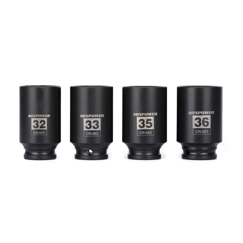 Beefy Four Piece Half Inch Drive Deep Impact Socket Set Six Point CR MO Steel Metric Sizes 32 33 35 36mm