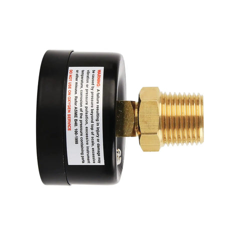 Side view of Well Pump Pressure Gauge With Two Inch Dial For Do It Yourself Water Testing Zero To Two Hundred Psi Per Bar One Quarter Inch Npt Male