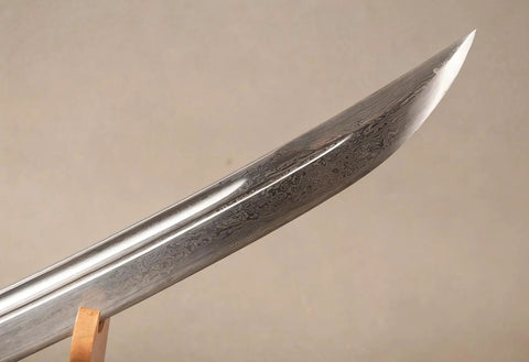 Folded Steel Dao Sword With Phoenix Motif, Handmade High Carbon Blade With 32,768 Layered Steel For Superior Flex and Edge, blade close-up